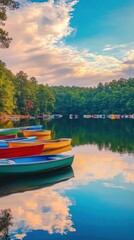 Obraz premium Colorful boats reflect on calm waters in a serene lakeside setting during a peaceful afternoon