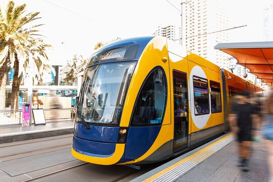 tram at a tram stop on the Gold Coast