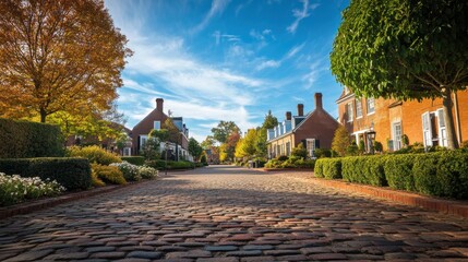 Fototapeta premium Exploring the charming cobblestone streets of the historic town with vibrant autumn foliage and clear blue skies