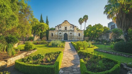 Naklejka premium Historic Alamo surrounded by lush greenery and tranquil gardens under a clear blue sky in San Antonio, Texas