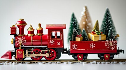Festive Red Toy Train with Christmas Gifts & Trees