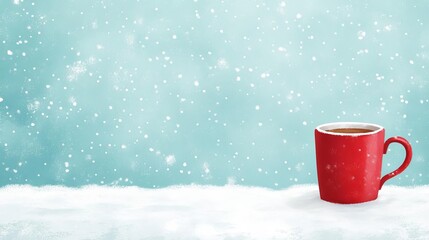 A cozy red cup filled with hot beverage, surrounded by soft snowflakes on a winter day.