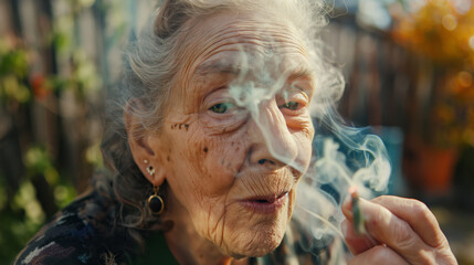 Elderly woman smoking marijuana outdoors.