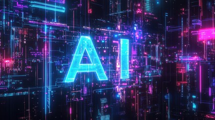 Obraz premium Abstract representation of AI surrounded by neon blue and pink lights in a complex futuristic digital grid.