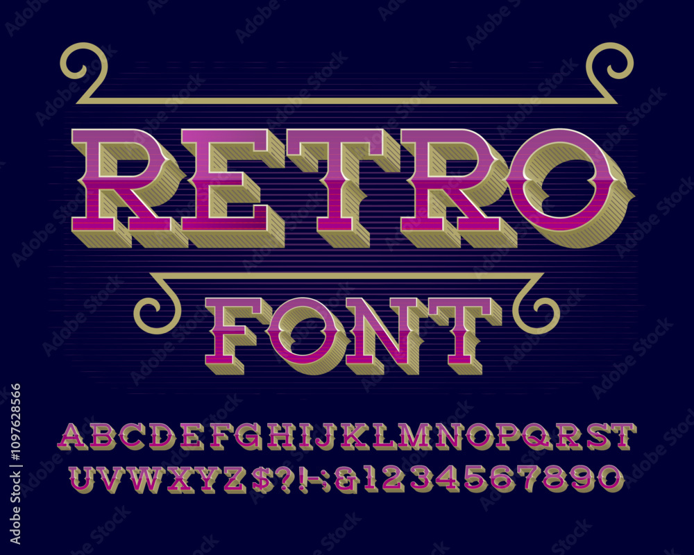 Poster retro alphabet font. 3d effect ancient letters and numbers for label, badge or emblem design. stock 