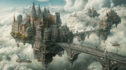A panoramic view of a majestic dreamscape city floating above the clouds, featuring towering spires and bridges under a serene sky