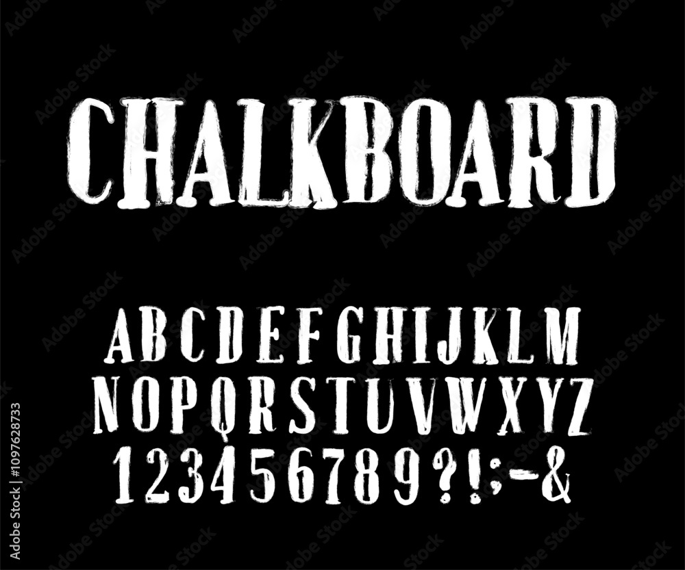 Poster chalkboard alphabet font. hand drawn letters and numbers. stock vector typescript for your design.