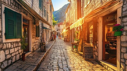 Obraz premium A vibrant narrow street in Kotor's old town, lined with charming shops and illuminated by golden evening light