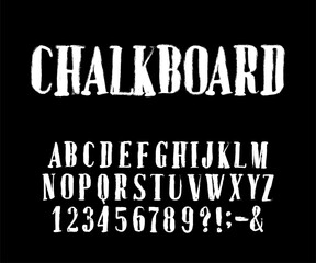 Chalkboard alphabet font. Hand drawn letters and numbers. Stock vector typescript for your design.