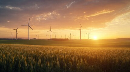 Obraz premium A vast agricultural field under a sunset with wind turbines generating renewable energy in a serene landscape