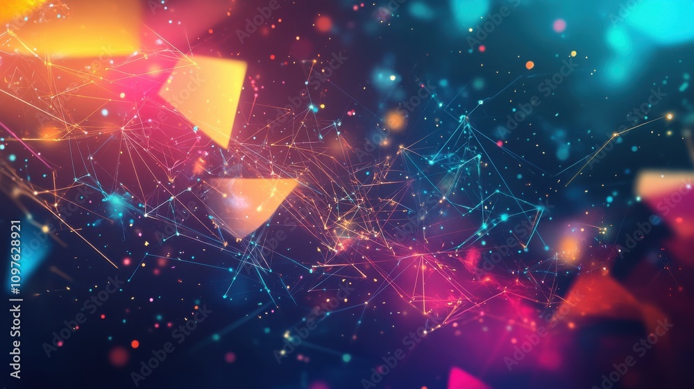 Poster a vibrant, futuristic abstract background featuring colorful floating shapes and a dazzling network 