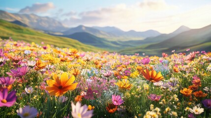 Fototapeta premium A breathtaking field of vibrant wildflowers blooms under a clear sky in a serene valley during late spring