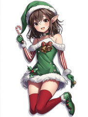 girl dressed as a Christmas elf, isolated on a solid white background. Her outfit is a festive green dress with red and white striped sleeves and a white fur-trimmed hem that ends just above her k