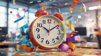 A colorful clock surrounded by confetti and ribbons, set against the backdrop of an office environment with desks and computers 