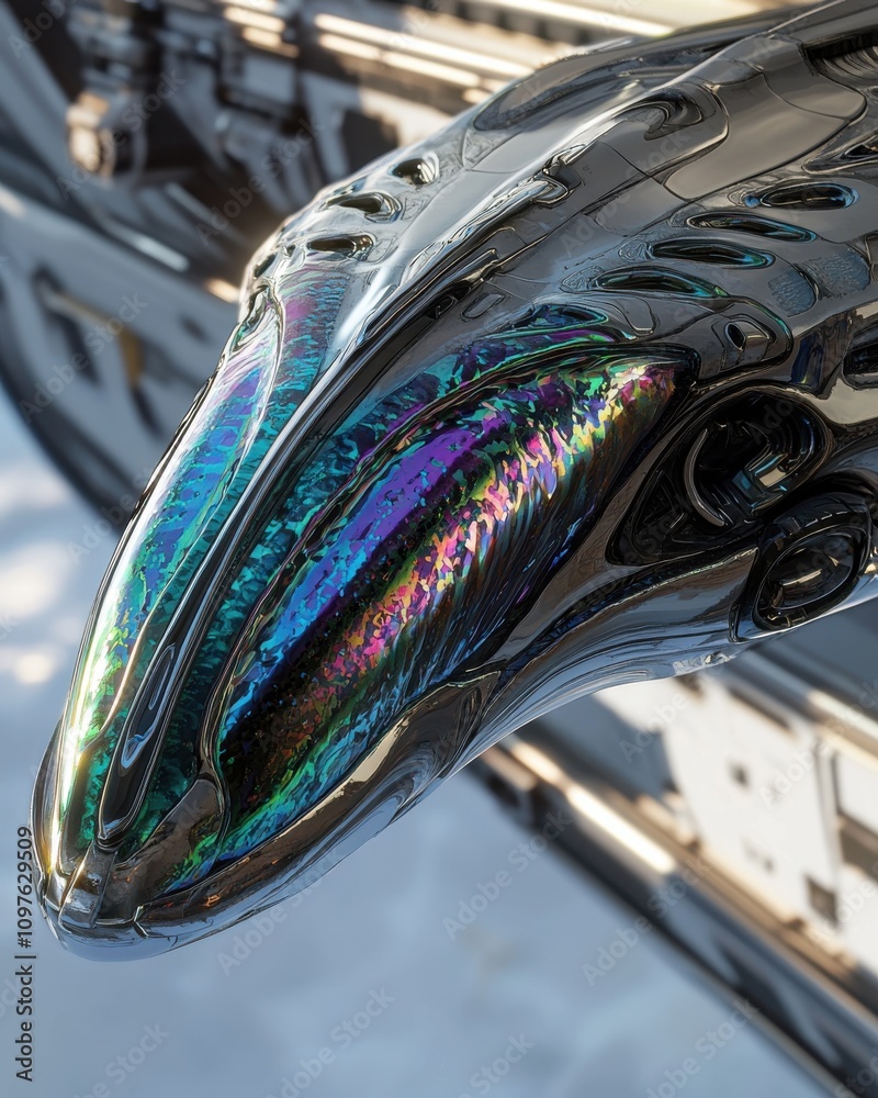 Aufkleber A detailed close-up of an alien-designed spacecraft showcasing intricate metallic textures and iridescent color patterns against a cosmic backdrop