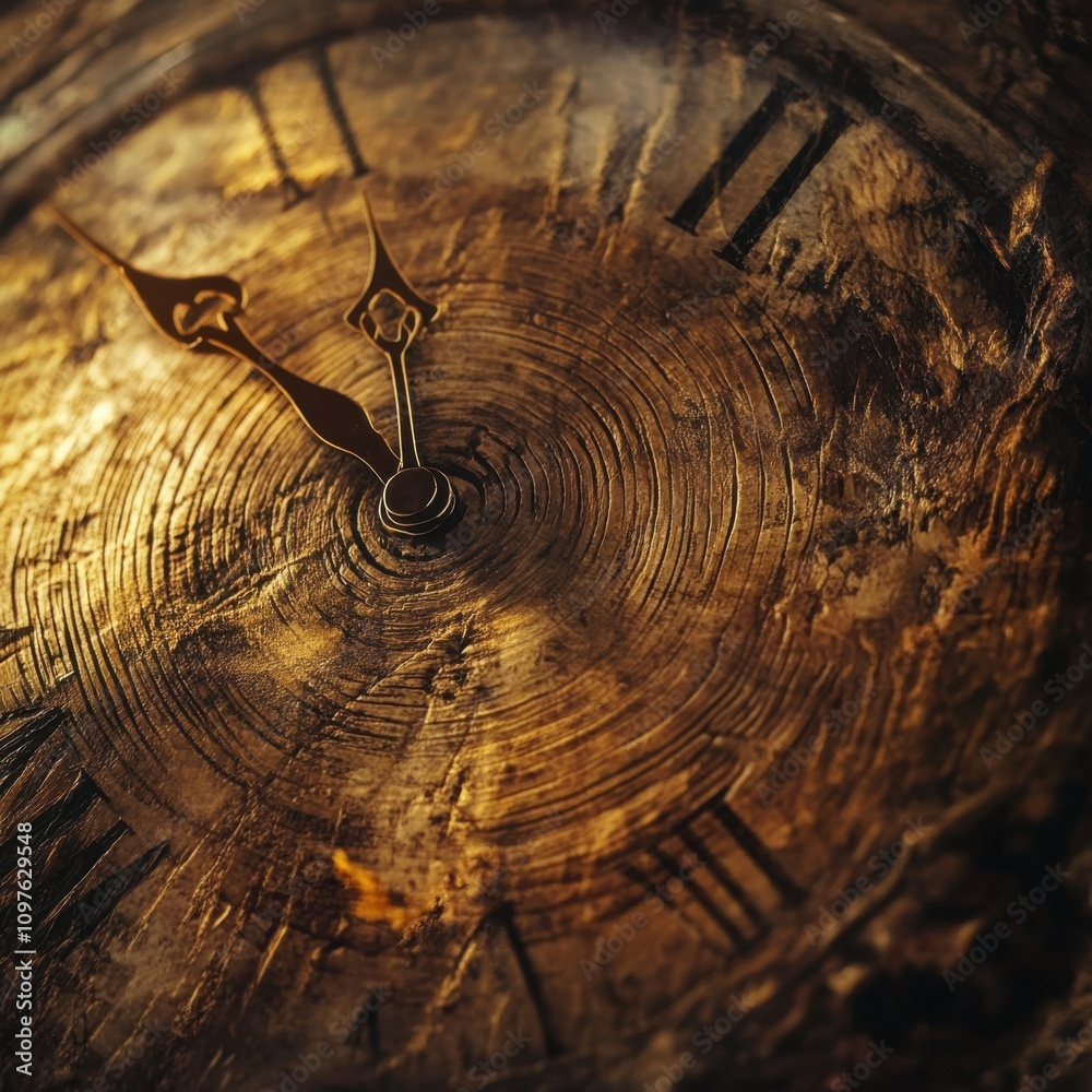 Poster a close-up of tree rings resembling a clock face, symbolizing the passage of time through nature’s c