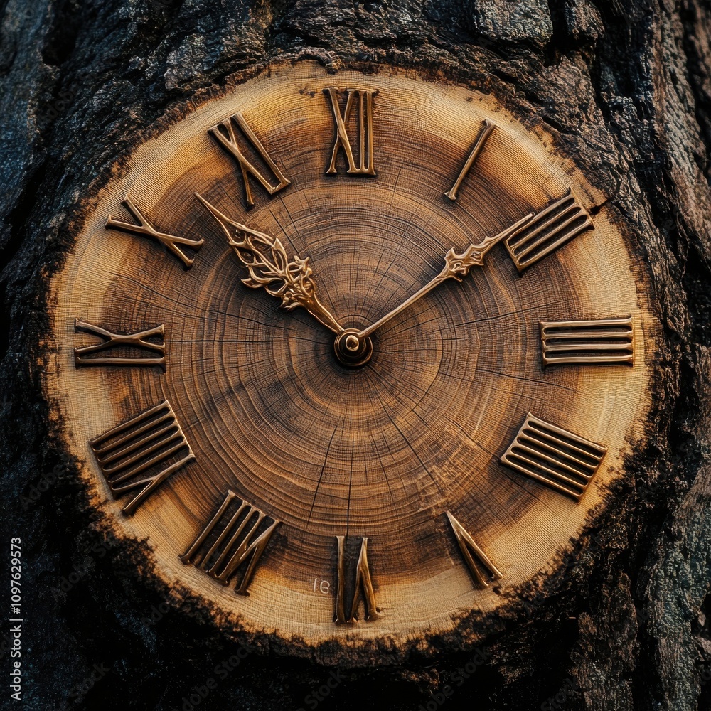 Poster A close-up view of tree rings showcasing natural patterns, intricately crafted into a clock for artistic timekeeping
