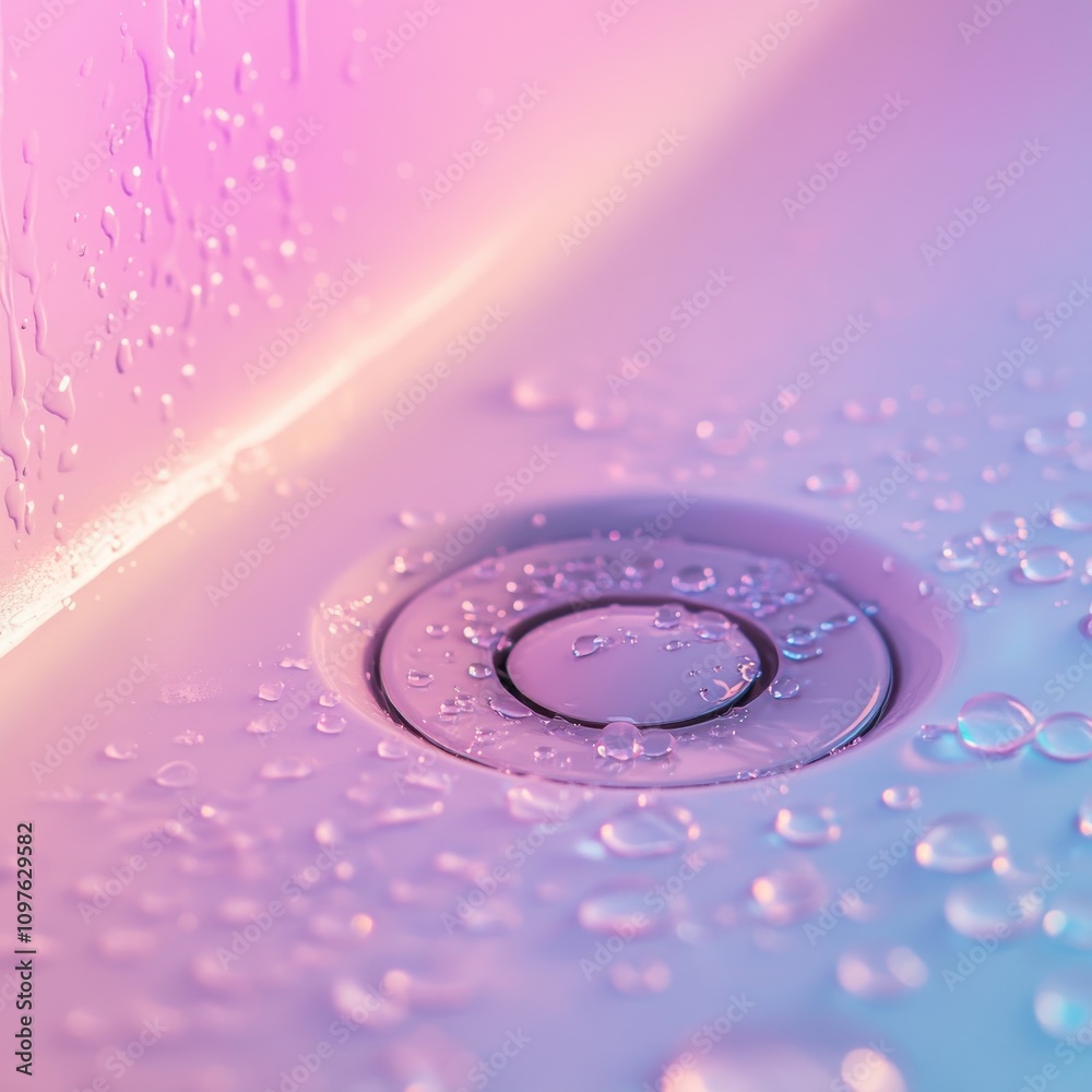 Aufkleber close-up view of a sleek modern bathroom drain embedded in a colorful, water-sprayed surface in a co