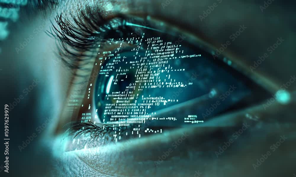 Wall mural close-up of an eye reflecting digital code and futuristic data streams.