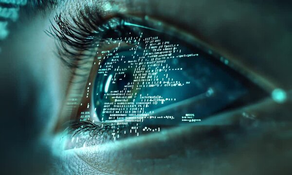 Close-up of an eye reflecting digital code and futuristic data streams.