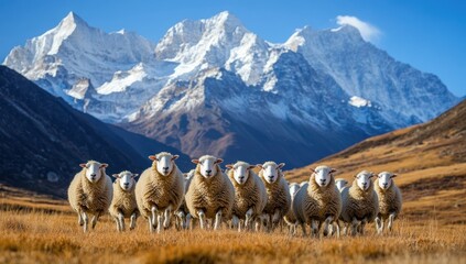 Obraz premium Sheep Herd in Front of Majestic Mountain