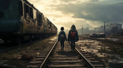Naklejka premium Two Sisters Walking Alongside Train Tracks in a Dystopian Deserted City