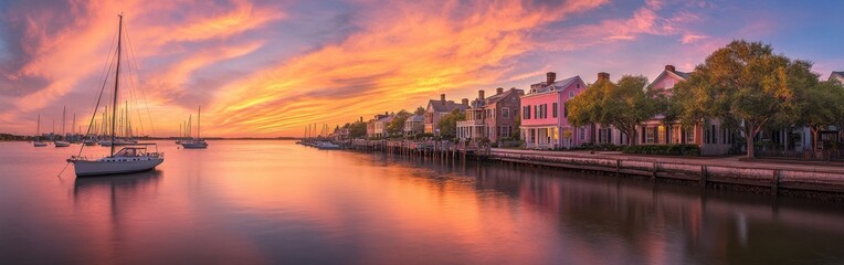 Fototapeta premium A stunning sunset over Charleston's historic waterfront featuring colorful buildings and sailboats docked along the serene waterway