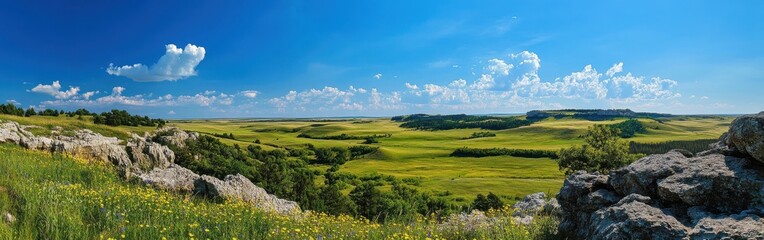 A stunning panoramic view of Wind Cave National Park showcasing lush grasslands under a vibrant blue sky
