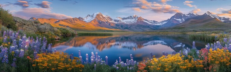 Fototapeta premium A serene evening view of the Ruby Mountains reflecting in a tranquil lake surrounded by vibrant wildflowers