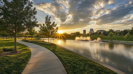 Stunning sunset view over the Scioto Mile with fountains and pathways along the water in Columbus, Ohio