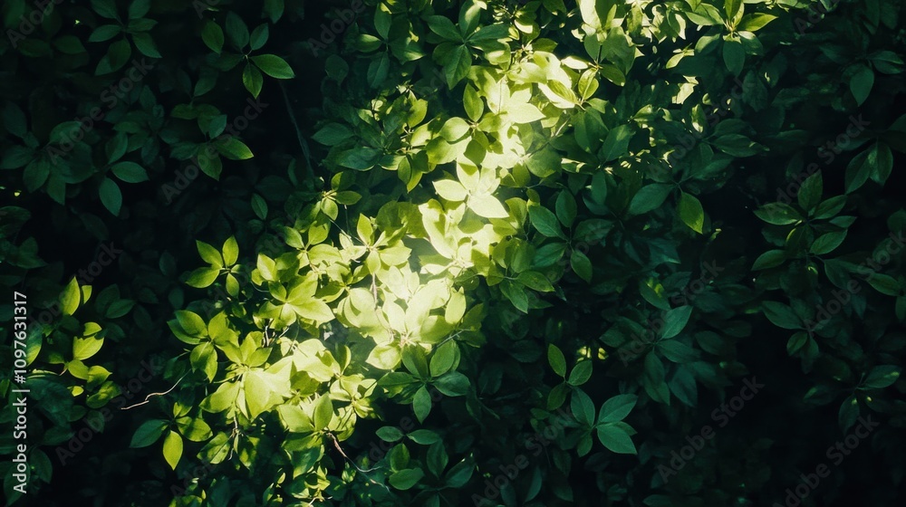 Poster aerial view of a vibrant jungle canopy illuminated by sunlight during a serene day in a lush tropica