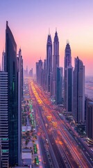 Fototapeta premium A stunning skyline view of Dubai at dusk showcasing towering skyscrapers and bustling traffic along the main roadway