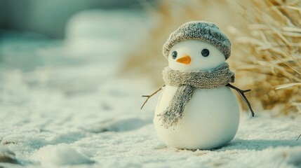 Obraz premium Little snowman in a cap and a scarf on snow in the winter. Christmas card with a lovely snowman, copy space