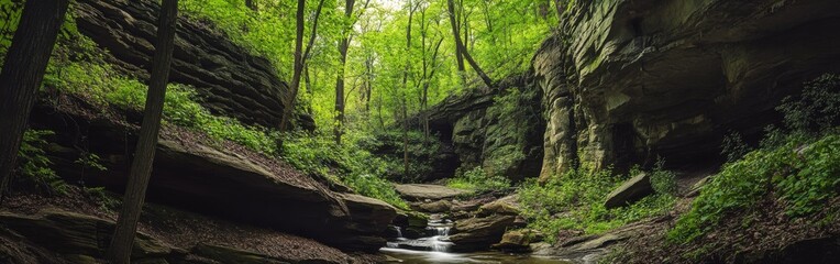 Stunning cliffs and lush greenery surround a tranquil stream at midday in a secluded forest