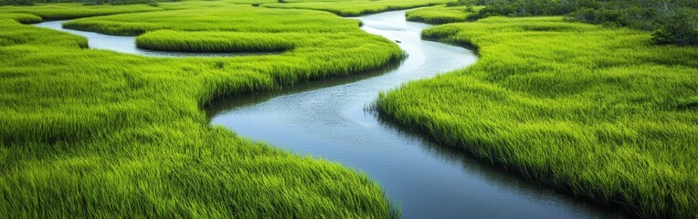 Exploring the vibrant tidal marshes at sunrise with winding waterways and lush greenery in a tranquil setting