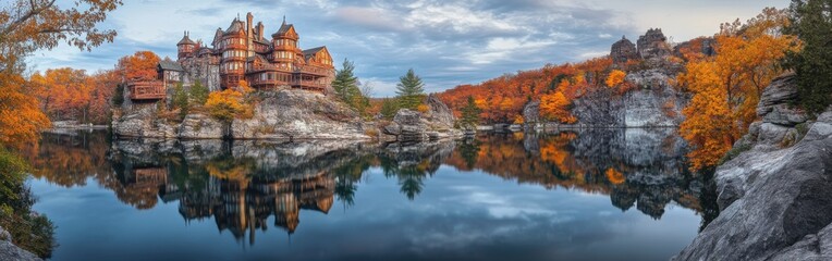 Fototapeta premium Autumn reflections at Mohonk Mountain with vibrant foliage and a historic resort overlooking a tranquil lake