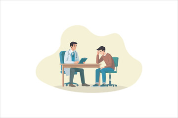 The patient and the doctor are talking in the office. Man with headache visits doctor. Physician consults patient, diagnoses, prescribes treatment.Vector illustration.
