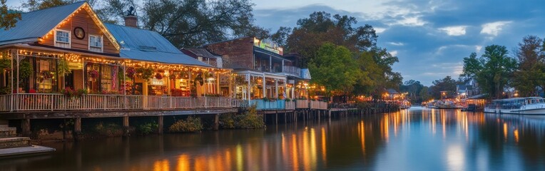 Obraz premium A serene evening in a historic riverside town with lights reflecting on the calm water and charming wooden buildings