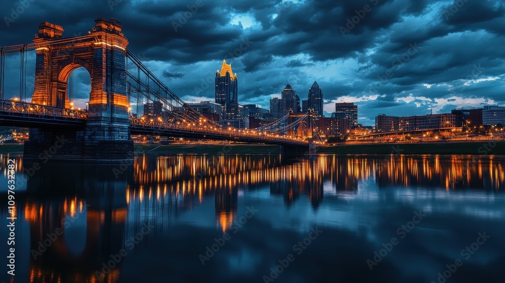 Poster cincinnati skyline illuminated at dusk with reflections in the river and dramatic clouds above