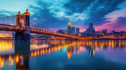 Breathtaking Cincinnati skyline reflecting on the river at dusk with vibrant colors illuminating the city