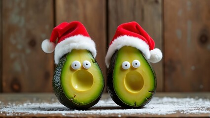 Funny Christmas Avocados in Santa Hats, Minimalist Cute Xmas Fruit Decoration