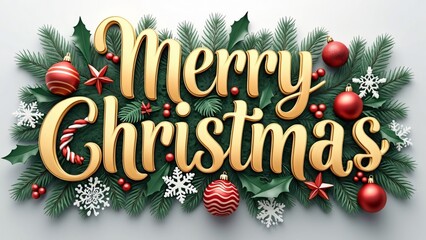 Merry Christmas! Festive Gold Lettering with Ornaments and Greenery