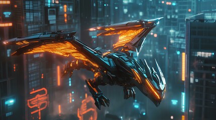 The futuristic dragon with light flying over city