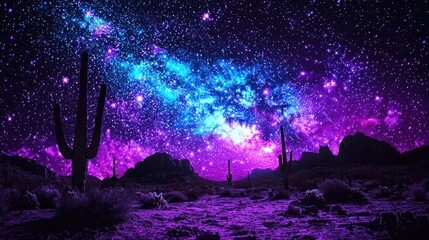 Fototapeta premium Majestic Stunning Starry Night Sky Over Desert Landscape Featuring Majestic Cacti Silhouetted Against a Cosmic Purple and Blue Galaxy