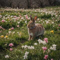 Obraz premium Rabbits hopping through a field blanketed with spring blooms.