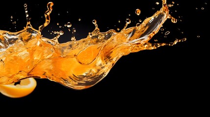 A splash of orange liquid with a citrus slice, highlighting freshness and vitality.