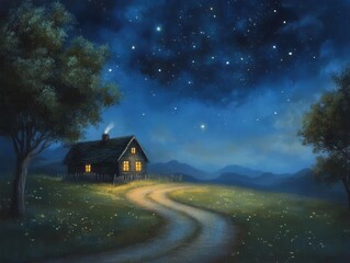 A serene night scene featuring a cozy house under a starry sky, surrounded by nature and illuminated by soft lights.