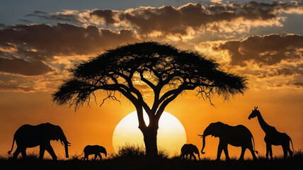 Fototapeta na wymiar elephants at sunset