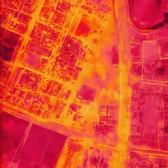Obraz premium Infrared thermal map of a city district, glowing with heat patterns in vivid reds and yellows