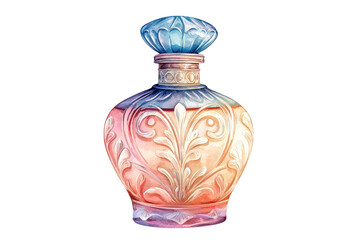 A beautifully crafted perfume bottle with intricate floral designs and a decorative cap, showcasing a gradient of pastel colors.